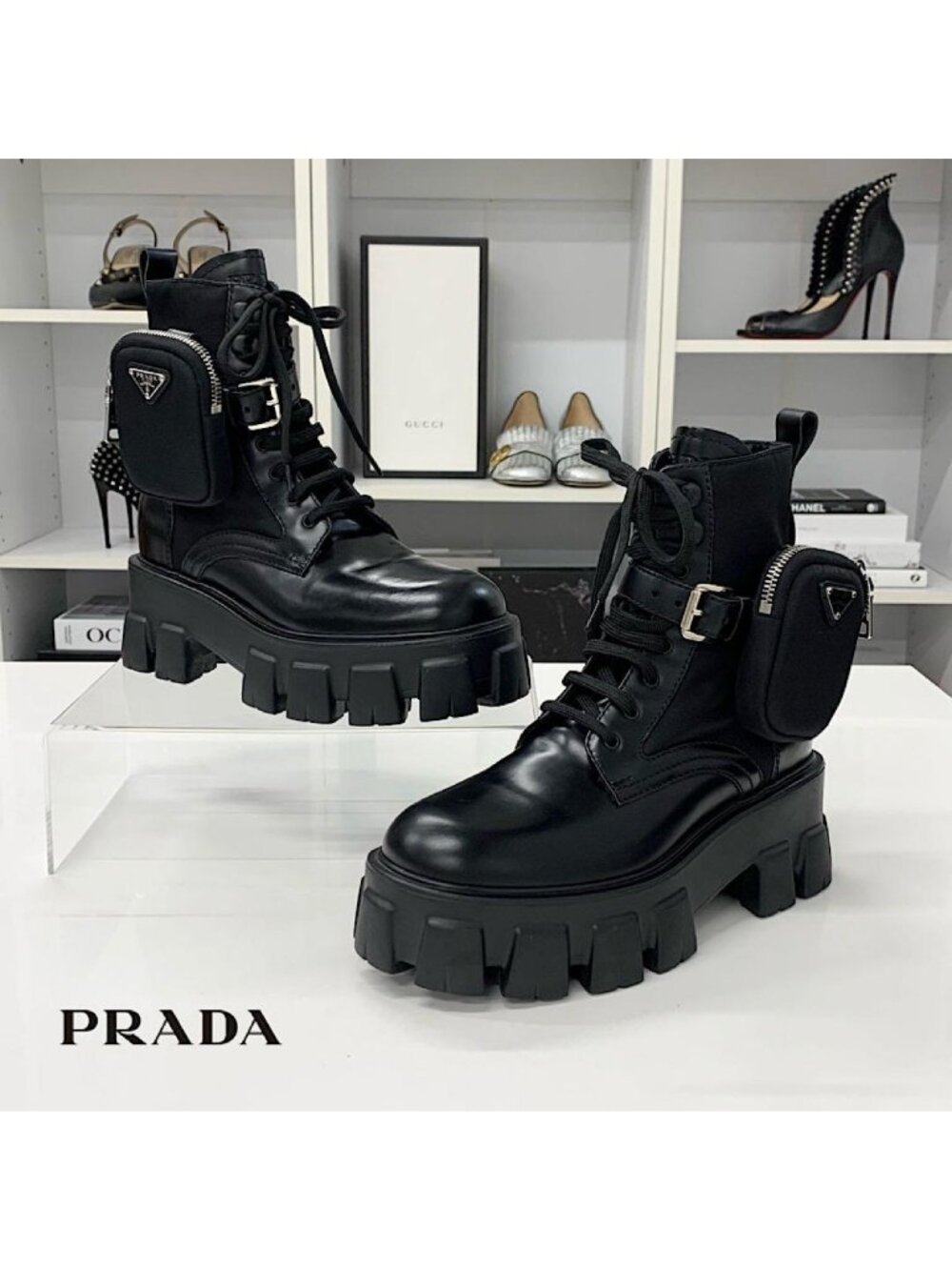 Prada Monolith Triangle Logo Re-Nylon Leather Combat Boots
